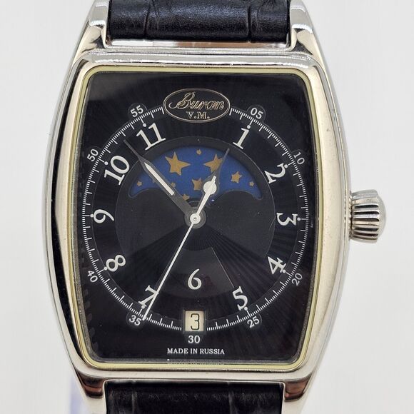 Buran Moonphase Mechanical Watch 34MM Black Dial Leather Bands Limited Edition - Picture 1 of 14